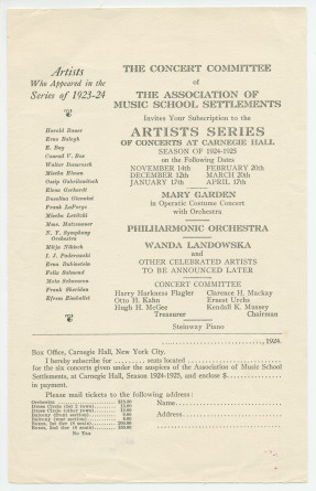 Feuillet de souscription pour la saison 1924-25 des «Artists Series of Concerts at Carnegie Hall» [New York] présentant à gauche la liste des artistes s'étant produits lors des Series 1923-24 (dont Paderewski)