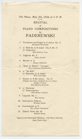Programme du récital Paderewski donné par des élèves de Zygmunt Stojowski le 5 mai 1924 à New York