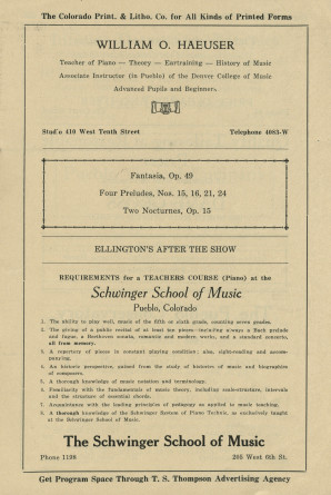 Libretto du récital Chopin donné par Paderewski le 17 avril 1926 au City Auditorium de Pueblo (Colorado)