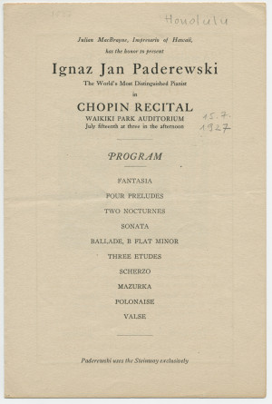Programme du récital Chopin donné par Paderewski le 15 juillet 1927 au Waikiki Park Auditorium de Honolulu (Hawaï)