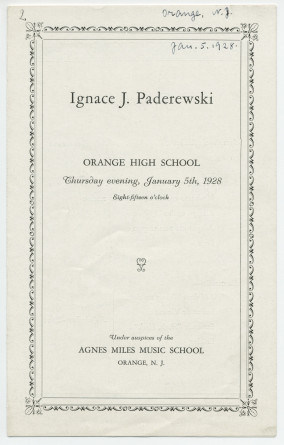 Programme du récital donné par Paderewski le 5 janvier 1928 à l'Orange High School (New Jersey)