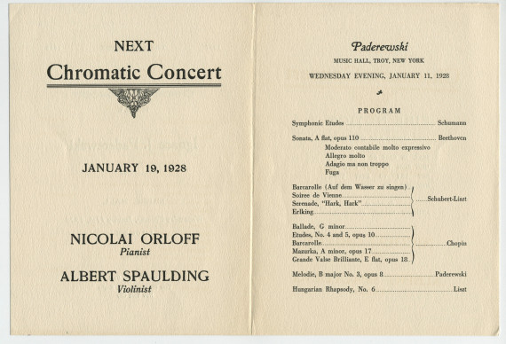 Programme du récital donné par Paderewski le 11 janvier 1928 au Music Hall de Troy (New York), sous l'égide des «Chromatic Concerts» (31e saison)