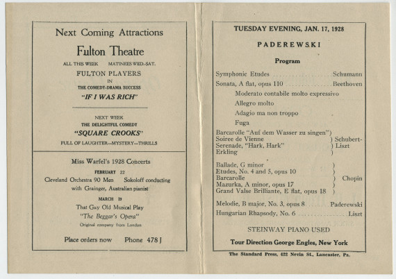 Programme du récital donné par Paderewski «The Eminent Pianist» le 17 janvier 1928 au Fulton Opera House de Lancaster (Pennsylvanie)