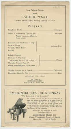 Programme du récital donné par Paderewski le 27 janvier 1928 (?) au Carolina Theater de Durham (Caroline du Nord)