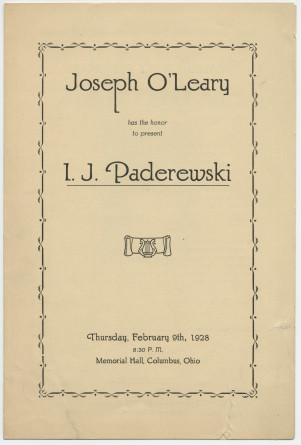 Programme du récital donné par Paderewski le 9 février 1928 au Memorial Hall de Columbus (Ohio)