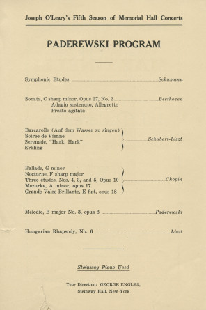 Programme du récital donné par Paderewski le 9 février 1928 au Memorial Hall de Columbus (Ohio)