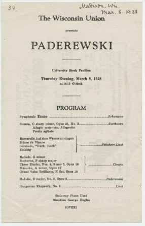 Programme du récital donné par Paderewski le 8 mars 1928 à l'University Stock Pavilion de Madison (Wisconsin)