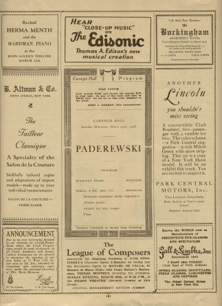Libretto du récital donné par Paderewski le 24 mars 1928 au Carnegie Hall de New York
