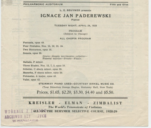 Programme du récital Chopin donné par Paderewski le 24 avril 1928 au Philharmonic Auditorium de Los Angeles (Californie)