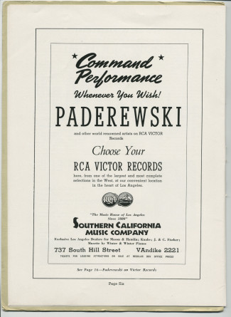 Libretto illustré et documenté du «Paderewski Twentieth American Tour Souvenir Program» [récital-souvenir de la 20e tournée américaine de Paderewski] donné le 2 avril 1939 au Shrine Auditorium de Los Angeles (Californie) (a-i)
