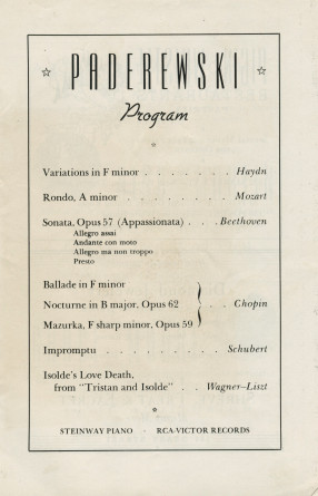 Libretto du récital donné par Paderewski le 9 avril 1939 au Civic Auditorium de San Francisco (Californie)