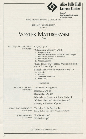 Programme du récital donné par Voytek Matushevski le 12 février 1989 à l'Alice Tully Hall du Lincoln Center à New York, avec entre autres les opus 4, 8, 15 et 16 de Paderewski