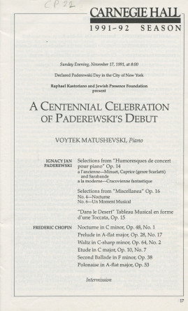 Programme du récital donné par Voytek Matushevski le 17 novembre 1991 [«Declared Paderewski Day in the City of New York»] au Carnegie Hall de New York, «A Centennial Celebration of Paderewski's Debut»