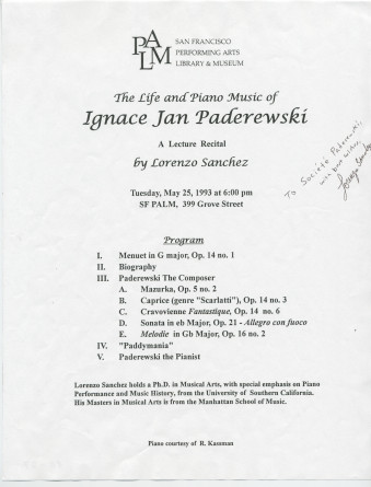 Programme du «Lecture Recital» Paderewski [récital commenté] donné par Lorenzo Sanchez le 25 mai 1993 au San Francisco Performing Arts Library & Museum (PALM)
