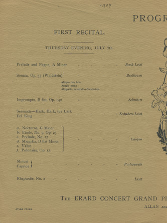 Programme des récitals donné par Paderewski les 7 et 9 juillet 1904 au Town Hall de Melbourne