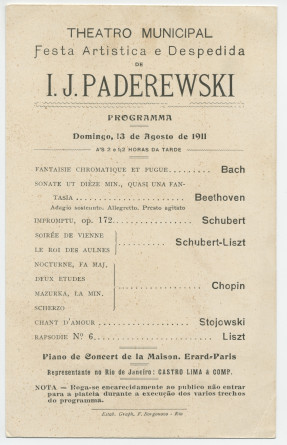 Programme de la «Festa Artistica e Despedida» [fête artistique et au revoir] donnée par Paderewski le 13 août 1911 au Teatro municipal de Rio de Janeiro dans le cadre d'une tournée sud-américaine