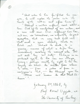 «A prophecy, made in 1868, concerning I. J. Paderewski» [une prophétie concernant Paderewski faite (le 29 février) 1868 (par le Prof. Kornel Ujejski de l'Université de Lemberg)