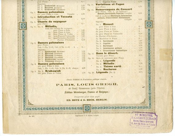 Partition de «Au Soir» tirée de l'«Album de mai, scènes romantiques pour piano» op. 10 n° 1 de Paderewski (Louis Gregh, Paris – avec en couverture une liste des «compositions de Paderewski» diffusées par cette maison)