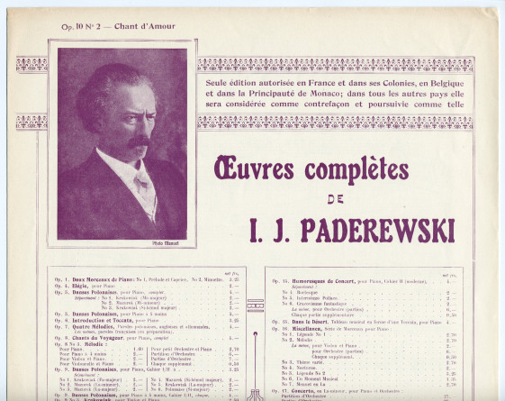 Partition du «Chant d'amour» tiré de l'«Album de mai, scènes romantiques pour piano» op. 10 n° 2 de Paderewski (Max Eschig, Paris – avec en couverture une liste des «Œuvres complètes de Paderewski» diffusées par cette maison)