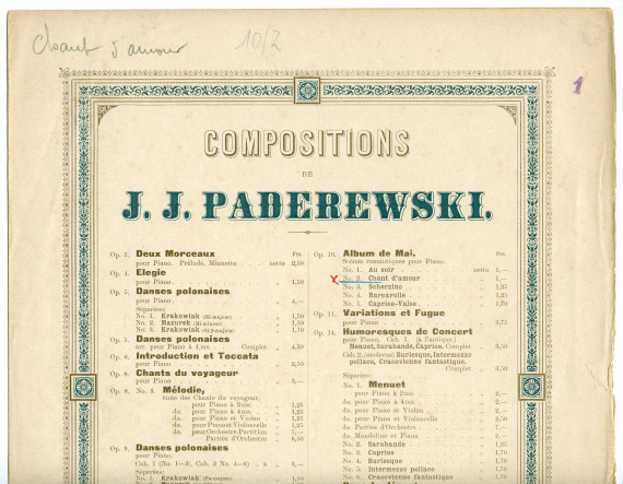 Partition du «Chant d'amour» tiré de l'«Album de mai, scènes romantiques pour piano» op. 10 n° 2 de Paderewski (Louis Gregh, Paris – avec en couverture une liste des «compositions de Paderewski» diffusées par cette maison)