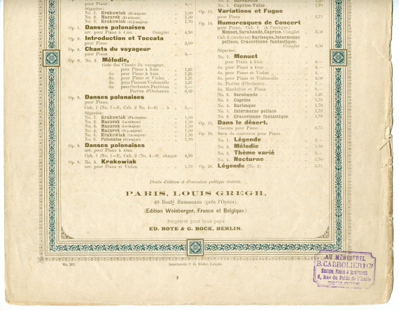 Partition du «Chant d'amour» tiré de l'«Album de mai, scènes romantiques pour piano» op. 10 n° 2 de Paderewski (Louis Gregh, Paris – avec en couverture une liste des «compositions de Paderewski» diffusées par cette maison)