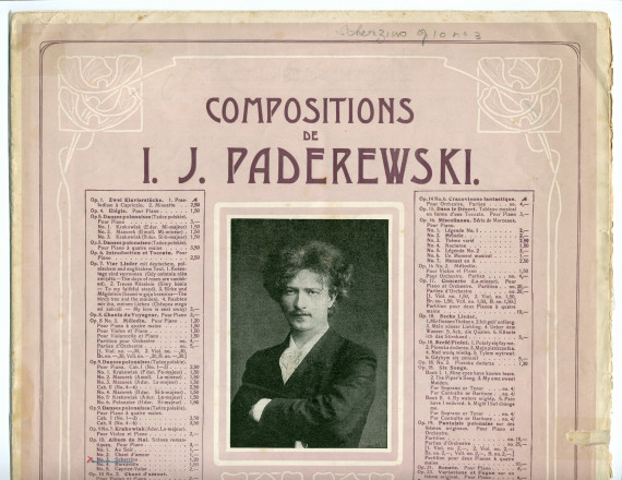 Partition du «Scherzino» tiré de l'«Album de mai, scènes romantiques pour piano» op. 10 n° 3 de Paderewski (Ed. Bote & Bock, Berlin – avec en couverture une liste des «compositions de Paderewski» diffusées par cette maison)