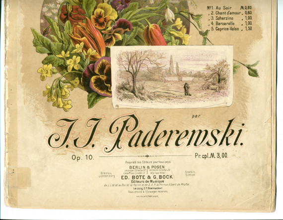 Partition de l'«Album de mai, scènes romantiques pour piano» op. 10 de Paderewski (Ed. Bote & G. Bock, Berlin & Posen – dédicace «à Madame Annette Essipoff-Leszetycka»)