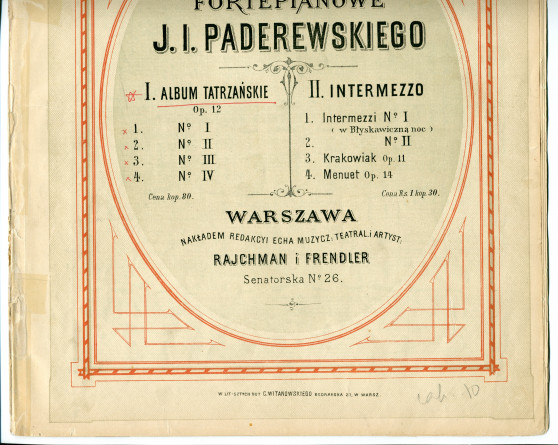 Partition de l'«Album de Tatra (Album Tatrzanskie)», danses et chants populaires polonais de Zakopane pour piano op. 12 de Paderewski (Rajchman i Frendler, Varsovie)