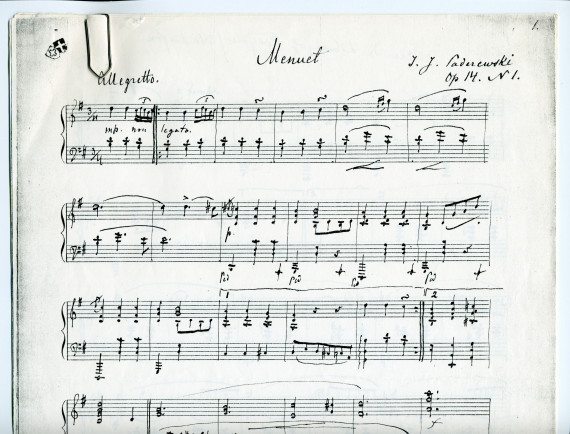 Photocopie du manuscrit autographe du «Menuet» tiré du cahier I (antique) des «Humoresques de concert» pour piano op. 14 n° 1 de Paderewski