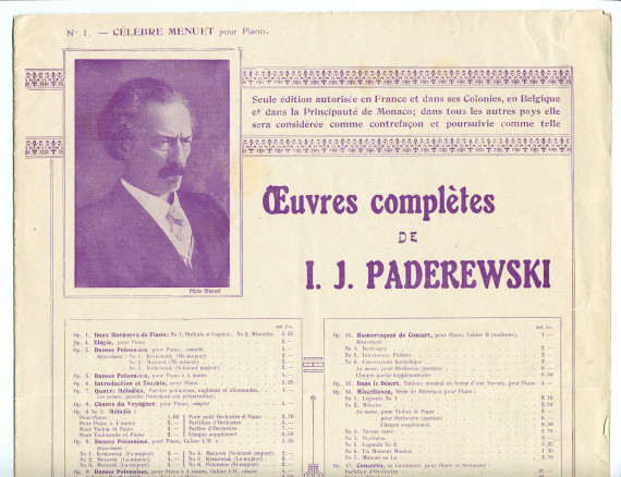 Partition du «Menuet» tiré du cahier I (antique) des «Humoresques de concert» pour piano op. 14 n° 1 de Paderewski (Max Eschig, Paris – avec en couverture une liste des «Œuvres complètes de Paderewski» diffusées par cette maison)