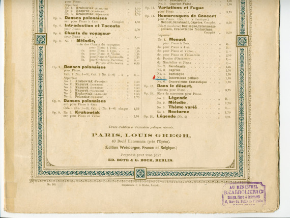 Partition de l'«Intermezzo pollaco» tiré du cahier II (moderne) des «Humoresques de concert» pour piano op. 14 n° 5 de Paderewski (Louis Gregh, Paris)