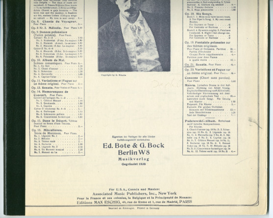 Partition de la «Sonate pour piano» en mi bémol majeur op. 21 de Paderewski (Ed. Bote & G. Bock, Berlin / Associated Music Publishers, Inc., New York / Max Eschig, Paris)