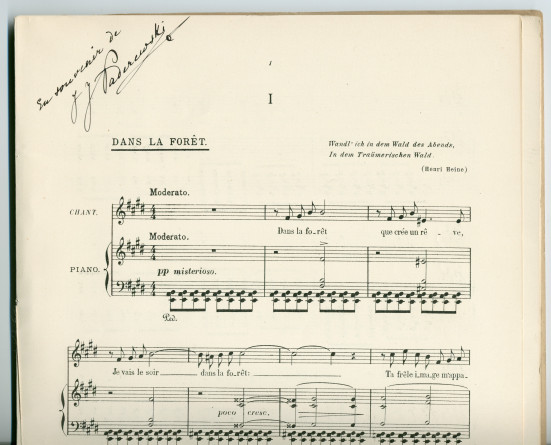 Partition des «Douze mélodies sur des poésies de Catulle Mendès» pour voix et piano op. 22 de Paderewski (Au Ménestrel / Heugel & Cie, Paris – dédicace «à Madame Marie Trélat» – dédicace manuscrite à l'intérieur «en souvenir de I. J. Paderewski»)