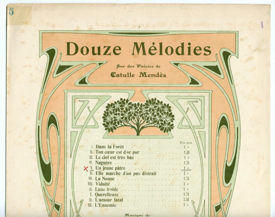 Partition de la mélodie n° 5 «Un jeune pâtre» tirée des «Douze mélodies sur des poésies de Catulle Mendès» pour voix et piano op. 22 n° 5 de Paderewski (Au Ménestrel / Heugel & Cie, Paris)