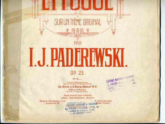 Partition des «Variations et Fugue sur un thème original» pour piano op. 23 de Paderewski (Ed. Bote & G. Bock, Berlin – cahier taché – dédicace «à son ami W. Adlington»)