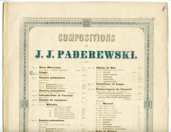 Partition de l'«Elégie pour piano» en si bémol mineur op. 4 de Paderewski (Louis Gregh, Paris – avec en couverture une liste des «compositions de Paderewski» diffusées par cette maison)