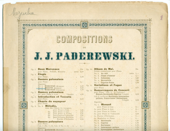 Partition de la «Mazurek» en mi mineur tirée des «Danses polonaises pour piano» op. 5 n° 2 de Paderewski (Louis Gregh, Paris – avec en couverture une liste des «compositions de Paderewski» diffusées par cette maison)