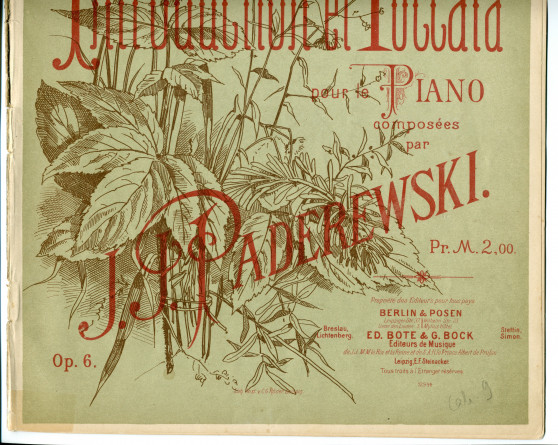 Partition de l'«Introduction et Toccata pour le piano» op. 6 de Paderewski (Ed. Bote & G. Bock, Berlin & Posen – dédicace «à son ami Paul de Schlözer»)