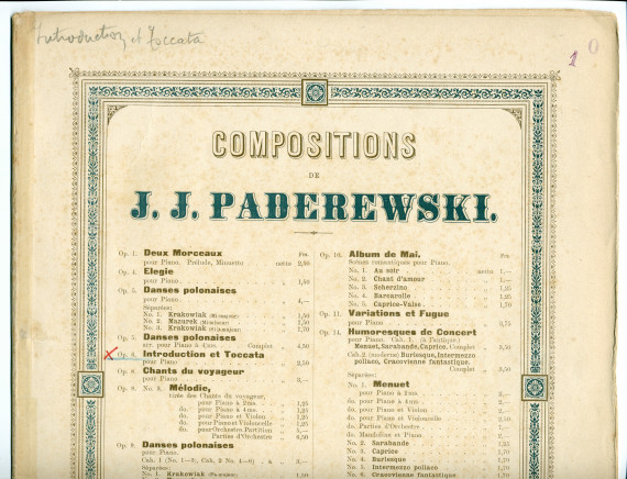 Partition de l'«Introduction et Toccata pour le piano» op. 6 de Paderewski (Louis Gregh, Paris – avec en couverture une liste des «compositions de Paderewski» diffusées par cette maison)