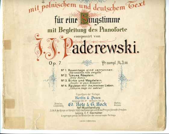 Partition des «Vier Lieder mit polnischem und deutschem Text für eine Singstimme mit Begleitung des Pianoforte» op. 7 de Paderewski (Ed. Bote & G. Bock, Berlin & Posen – dédicace «Herrn Adam Asnyk zugeeignet»)