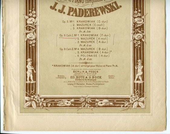 Partition des «Danses polonaises (Tance polskie) pour le piano» op. 9 nos 1-3 (cahier I) de Paderewski – n° 1: Krakowiak, n° 2: Mazurek, n° 3: Mazurek (Ed. Bote & G. Bock, Berlin & Posen)
