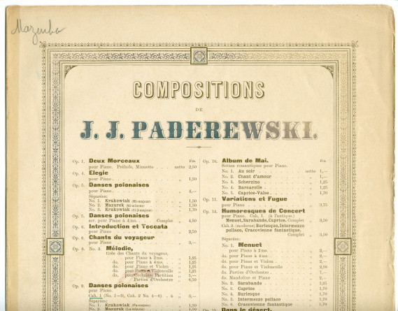 Partition de la «Mazurek» en la majeur tirée des «Danses polonaises» pour piano op. 9 n° 3 de Paderewski (Louis Gregh, Paris – avec en couverture une liste des «compositions de Paderewski» diffusées par cette maison)