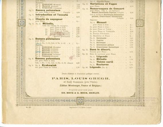 Partition de la «Mazurek» en la majeur tirée des «Danses polonaises» pour piano op. 9 n° 3 de Paderewski (Louis Gregh, Paris – avec en couverture une liste des «compositions de Paderewski» diffusées par cette maison)