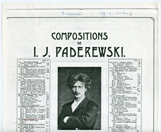 Partition des «Danses polonaises (Ta?ce polskie) pour piano à quatre mains» op. 9 nos 4-6 (cahier II) de Paderewski – n° 4: Mazurek, n° 5: Krakowiak, n° 6: Polonaise (Ed. Bote & G. Bock, Berlin – photocopie