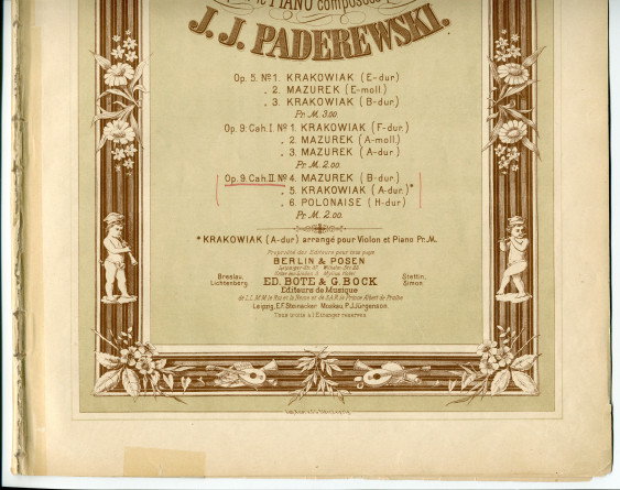 Partition des «Danses polonaises (Tance polskie) pour le piano» op. 9 nos 4-6 (cahier II) de Paderewski – n° 4: Mazurek, n° 5: Krakowiak, n° 6: Polonaise (Ed. Bote & G. Bock, Berlin & Posen)