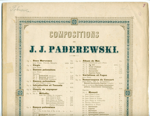 Partition de la «Polonaise» en si majeur tirée des «Danses polonaises» pour piano op. 9 n° 6 de Paderewski (Louis Gregh, Paris – avec en couverture une liste des «compositions de Paderewski» diffusées par cette maison)