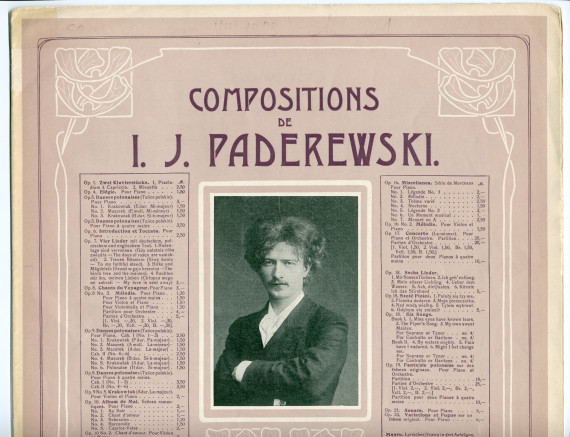 Partition de la «Canzone (Chant sans paroles)» pour piano (sans opus) de Paderewski (Ed. Bote & G. Bock, Berlin / G. Schirmer, New York / Edwin Ashdown Limited, Londres – avec en couverture une liste des «compositions de Paderewski» diffusées par ces m