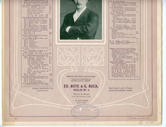 Partition de la «Canzone (Chant sans paroles)» pour piano (sans opus) de Paderewski (Ed. Bote & G. Bock, Berlin / G. Schirmer, New York / Edwin Ashdown Limited, Londres – avec en couverture une liste des «compositions de Paderewski» diffusées par ces m