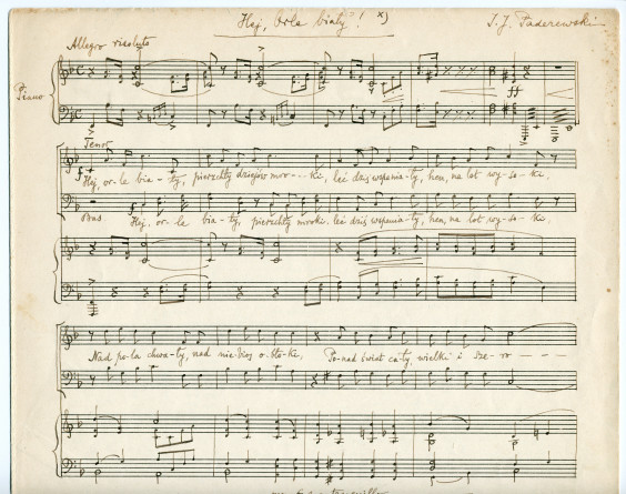 Manuscrit autographe de «Hej, Orle bialy!» [Hé, aigle blanc!], hymne de guerre de l'armée polonaise pour chœur d'hommes et piano (sans opus) de Paderewski (texte et musique) («Copyright, 1918, by Thaddeus Wronski, New York» – 3 pages)