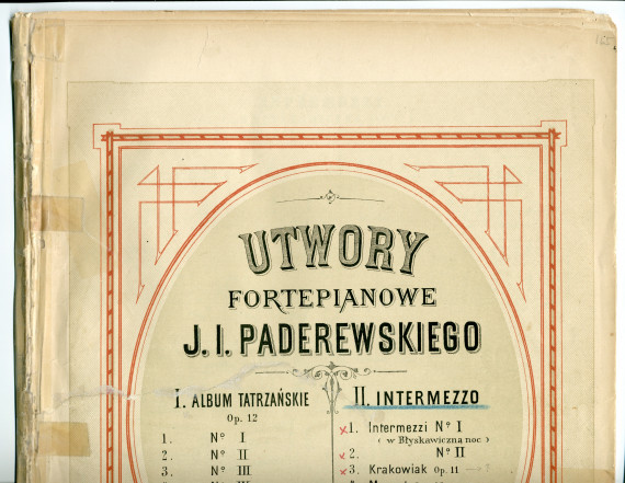 Partition des «Intermezzi n° 1 (w Blyskawiczna noc) et n° 2» (sans opus), de la «Krakowiak» op. 11 et du «Menuet» op. 14 (n° 1) pour piano de Paderewski (Rajchman i Frendler, Varsovie)